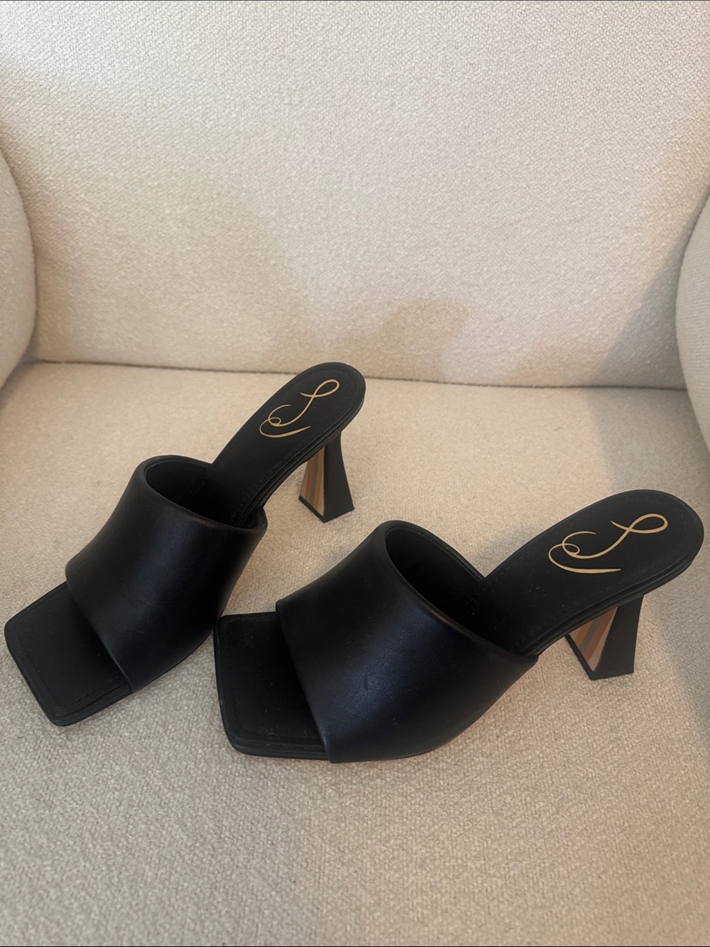 Sam Edelman Black Leather Square-Toe Mule Heels with Sculpted Block Heel